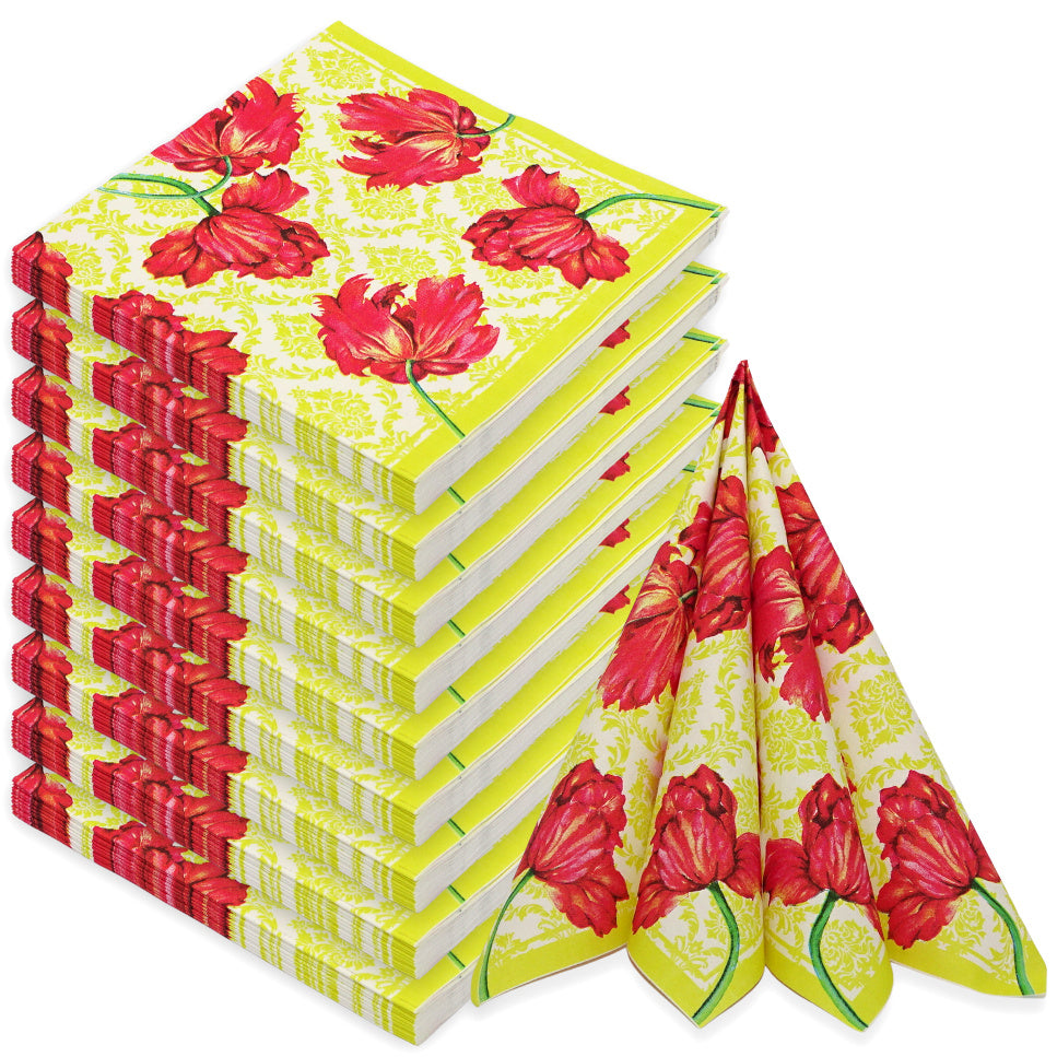 120 Stück Premium Servietten 40x40cm Stoffoptik - Tulpe rot-gelb (10 Pack x 12er)