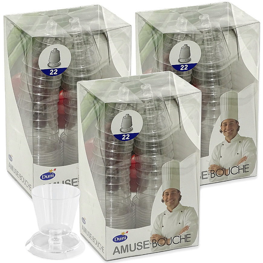 66er Set Premium Amuse Schalen rund mit Füßen Premium Fingerfood Becher 50ml klar (3 Pack x 22er)