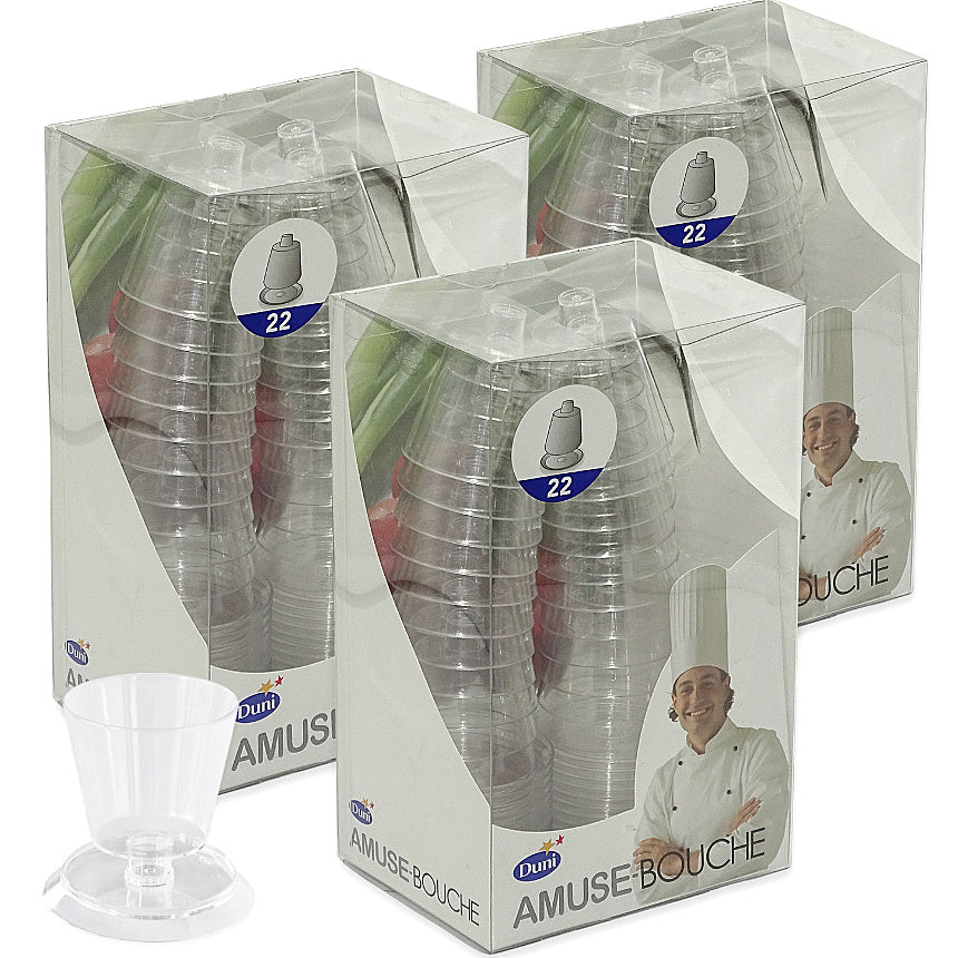 66er Set Premium Amuse Schalen rund mit Füßen Premium Fingerfood Becher 50ml klar (3 Pack x 22er)