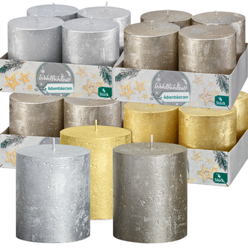 16 Rustik Stumpenkerzen 80x68mm Blockkerzen Rustic Metallic (4x4er)
