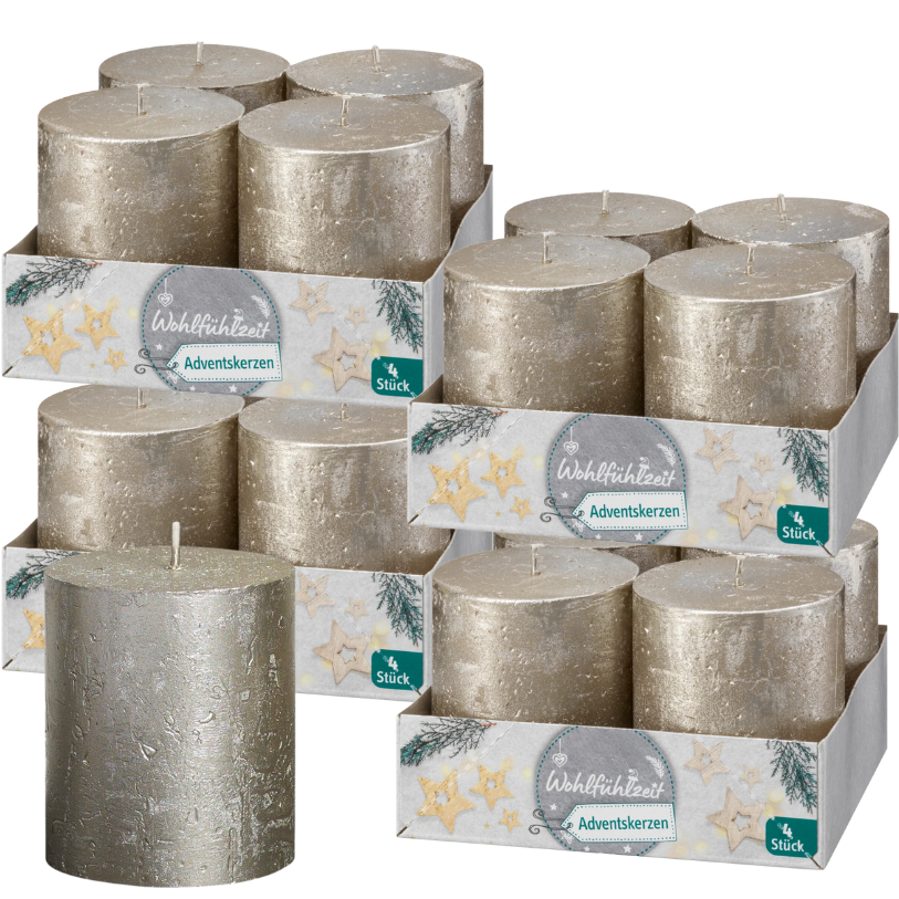16 Stück Rustik Stumpenkerzen 80x68mm Blockkerzen Rustic Metallic (4x4er)