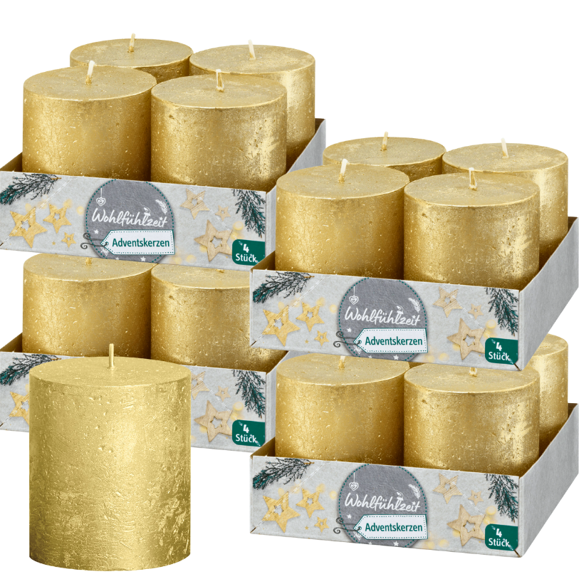 16 Rustik Stumpenkerzen 80x68mm Blockkerzen Rustic Metallic (4x4er)