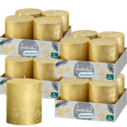 16 Rustik Stumpenkerzen 80x68mm Blockkerzen Rustic Metallic (4x4er)