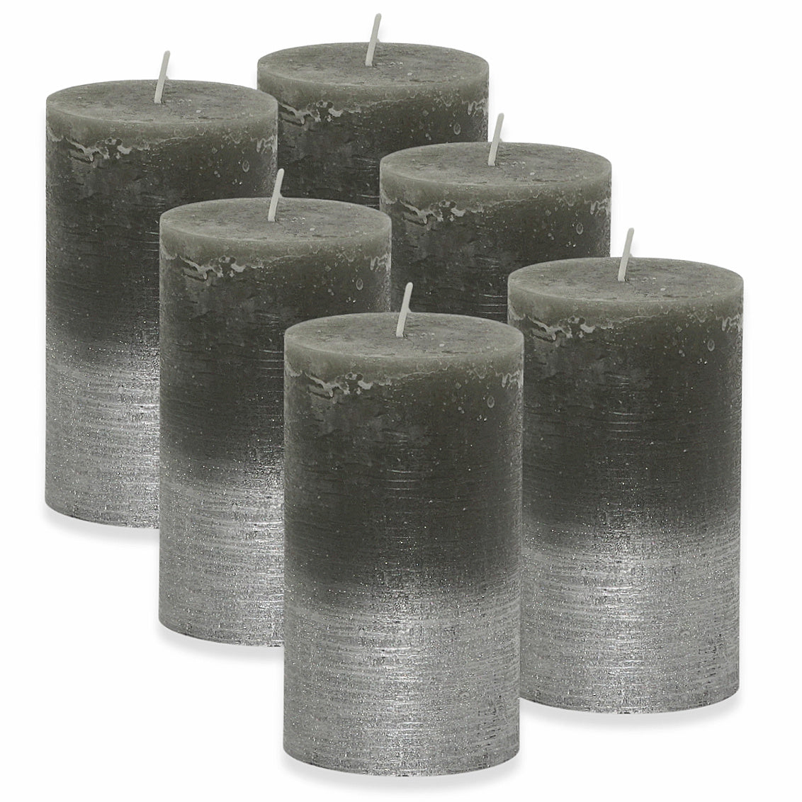 6er Set Gies Rustik Stumpenkerzen 120x68mm Blockkerzen Dunkelgrau-Silber