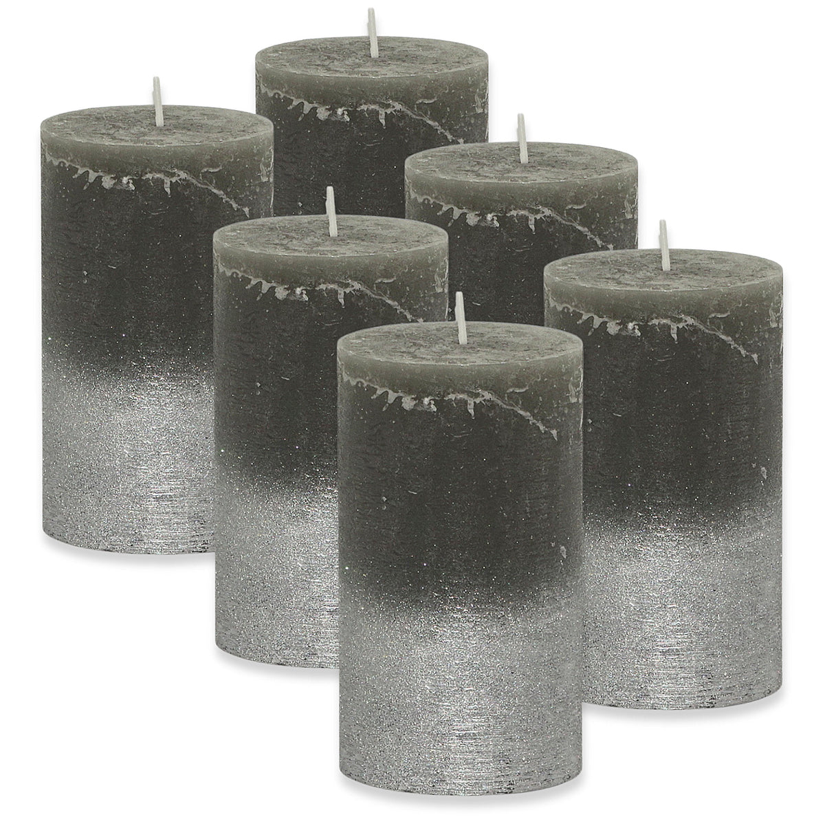 6er Set Gies Rustik Stumpenkerzen 120x68mm Blockkerzen Dunkelgrau-Silb – WiTaP™