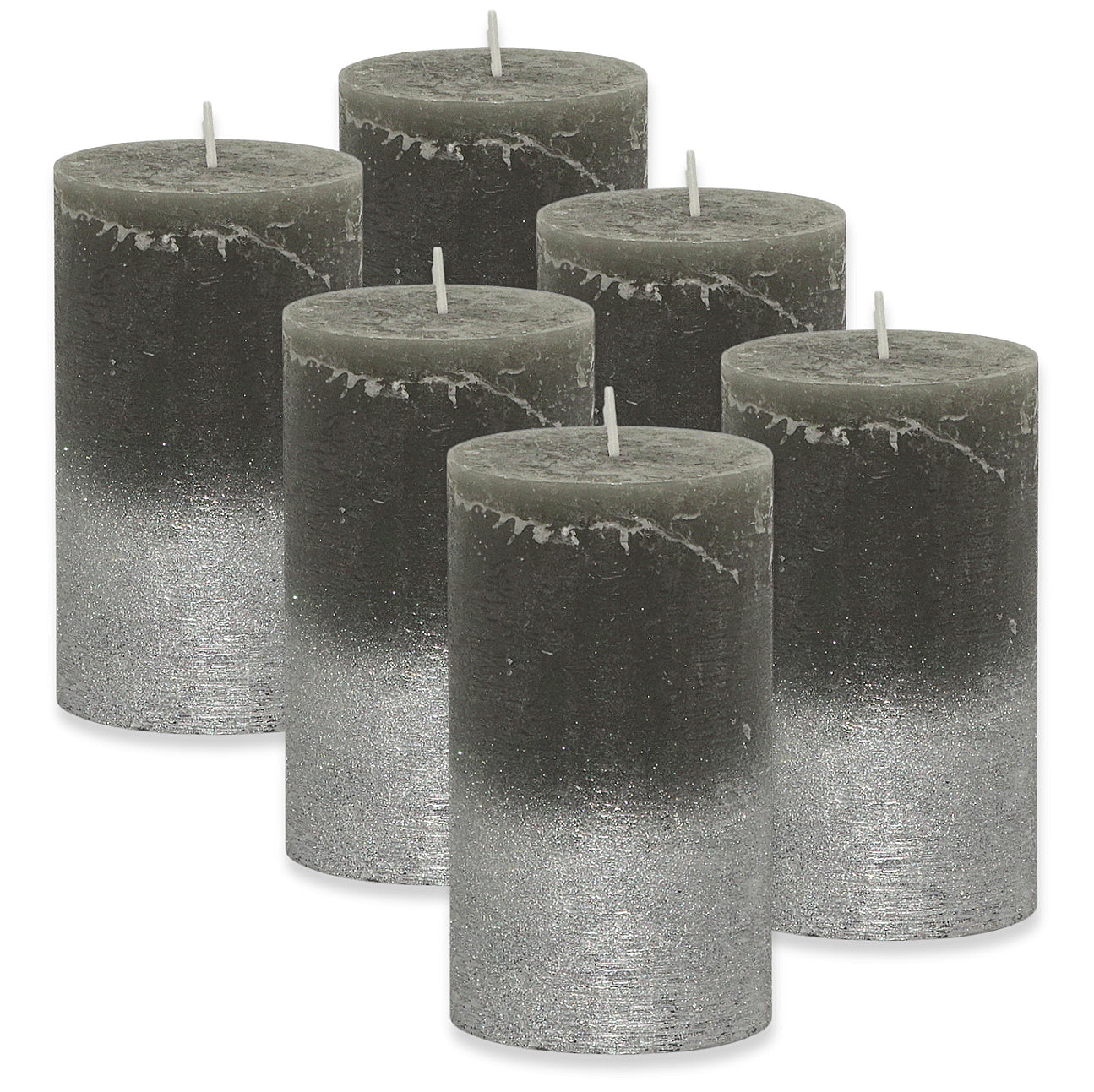 6er Set Gies Rustik Stumpenkerzen 120x68mm Blockkerzen Dunkelgrau-Silber