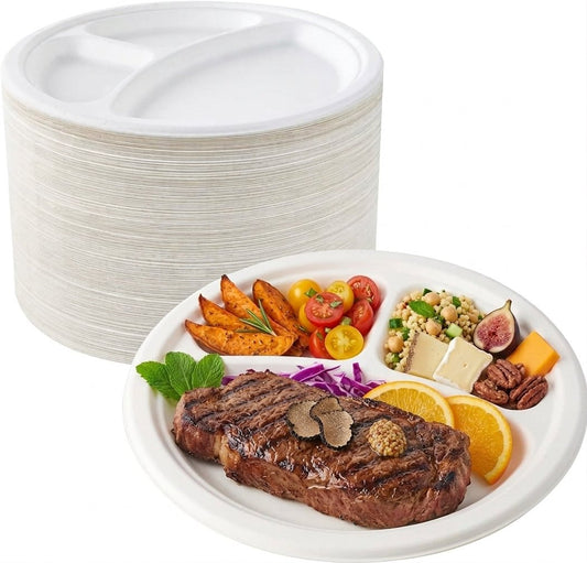 Bio Einweg-Teller Ø 26cm Menüteller 3-geteilt Bagasse - weiß