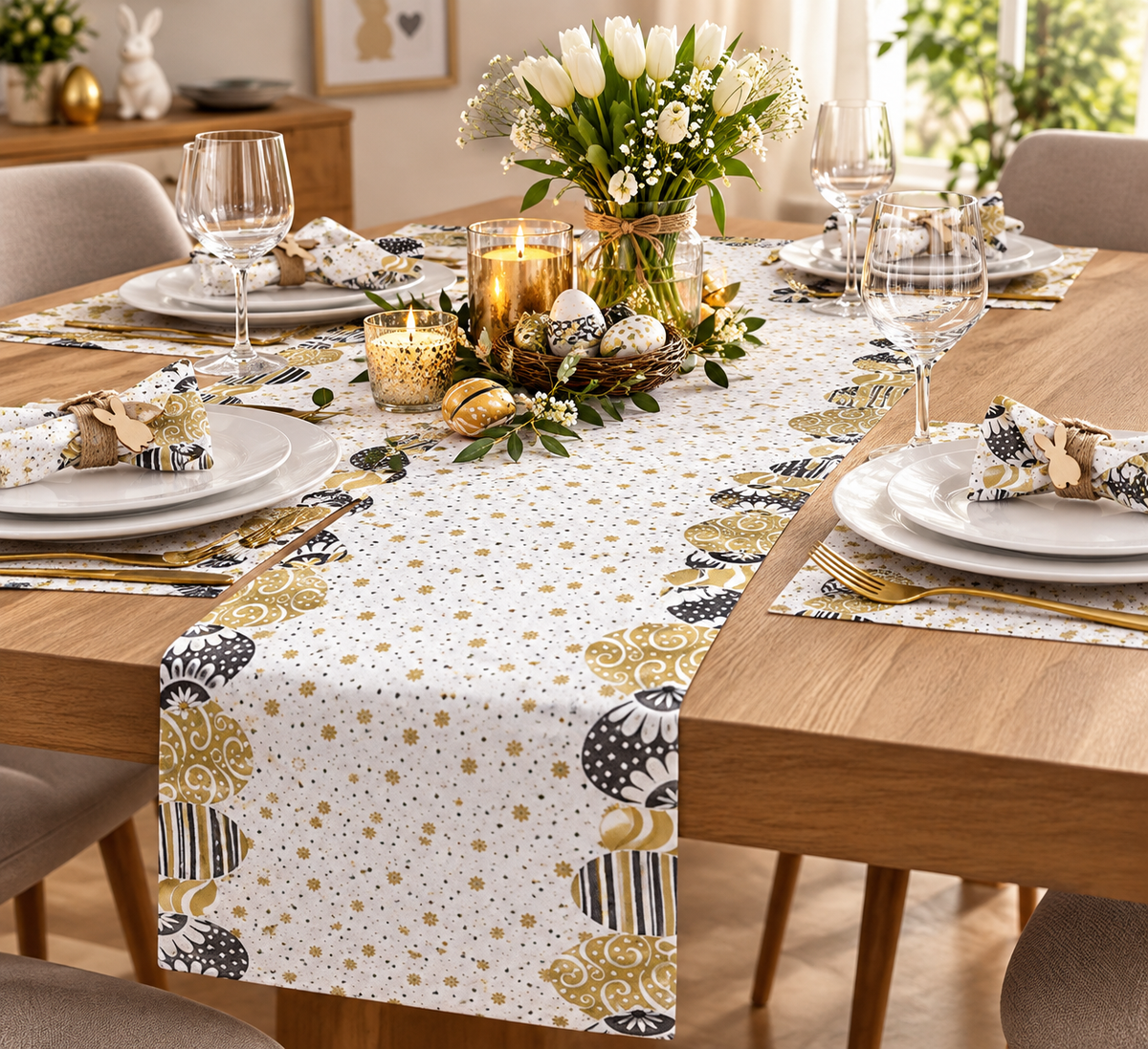 38 Meter Dunicel Tischläufer 40cm breit Tischband (8 Rollen) - Easter Ornaments Gold-Schwarz