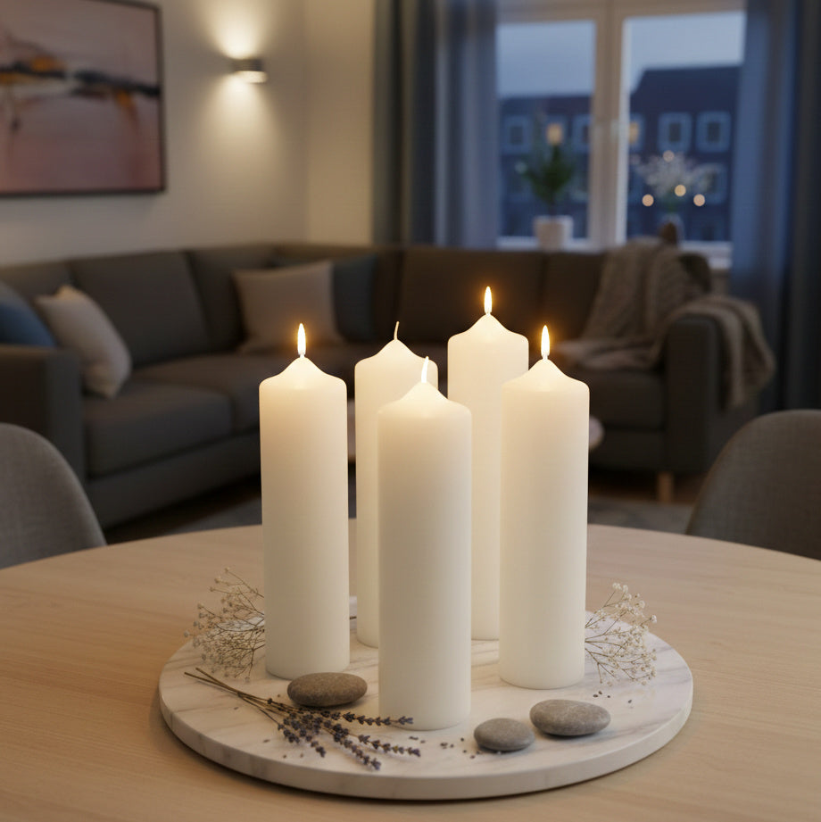 5 Stück Wenzel Stumpenkerzen 275x70mm XXL Kaminkerzen Spitzkopf Kerzenrohlinge glatt - Weiß-Creme