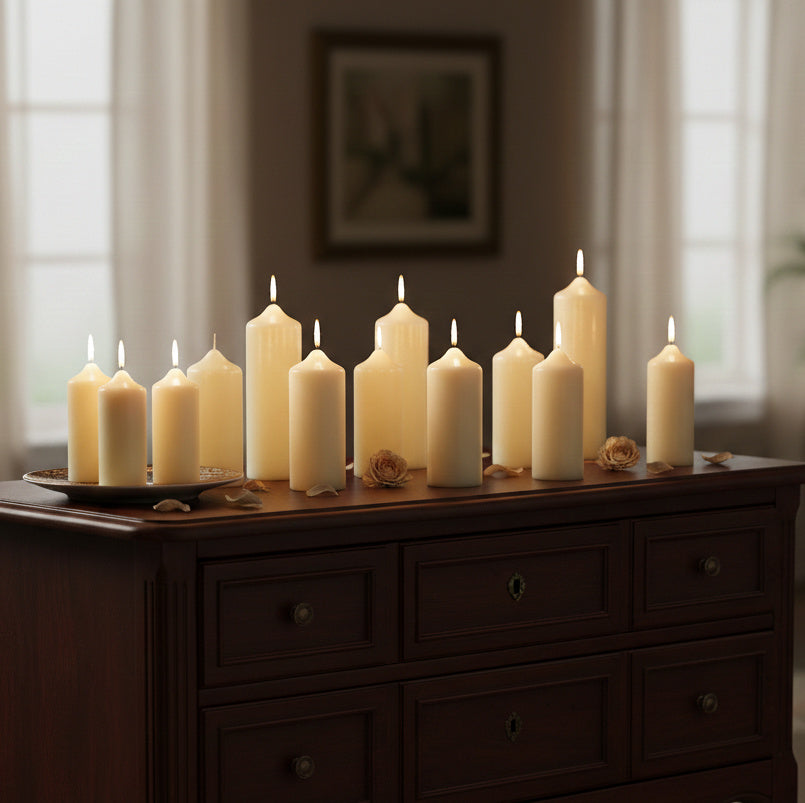 12 Stk Wenzel Stumpenkerzen 160x60mm Kaminkerzen Spitzkopf Kerze - Elfenbein