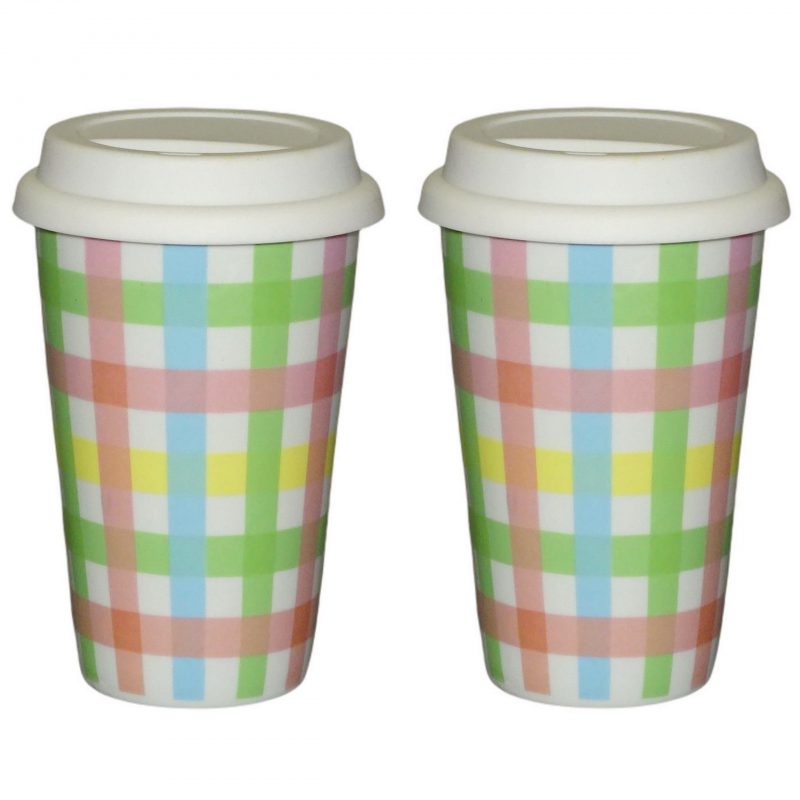 2 Stück Coffee To Go Becher mit Deckel 250ml doppelwandig Porzellan B-Ware - Karo bunt