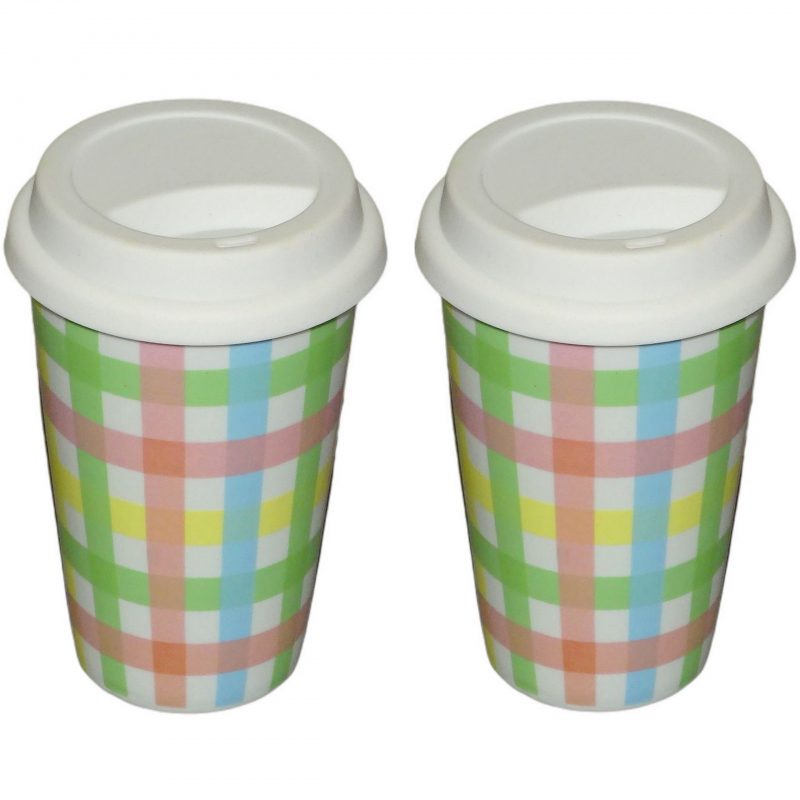 2 Stück Coffee To Go Becher mit Deckel 250ml doppelwandig Porzellan B-Ware - Karo bunt
