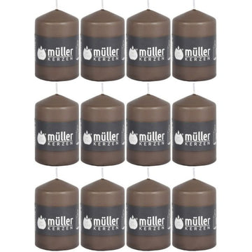 12 Müller Stumpenkerzen 90x55mm BBS Durchbrandsperre - Braun/Kaschmir