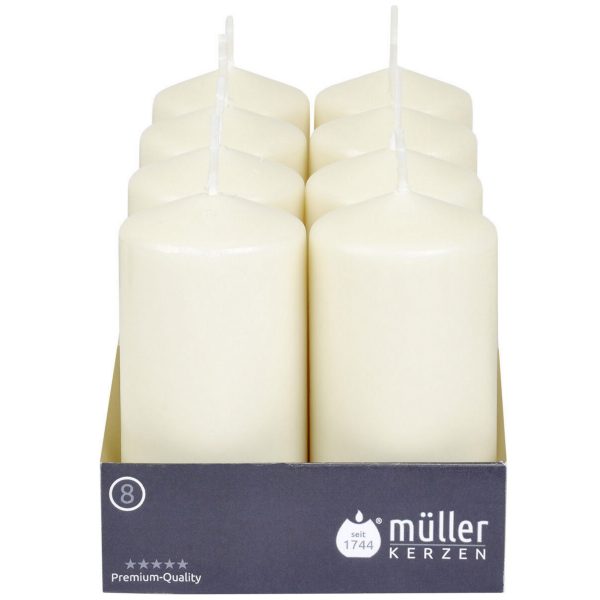 8 Stk Müller Stumpenkerzen 120x60mm BSS-Durchbrandsperre – Elfenbein