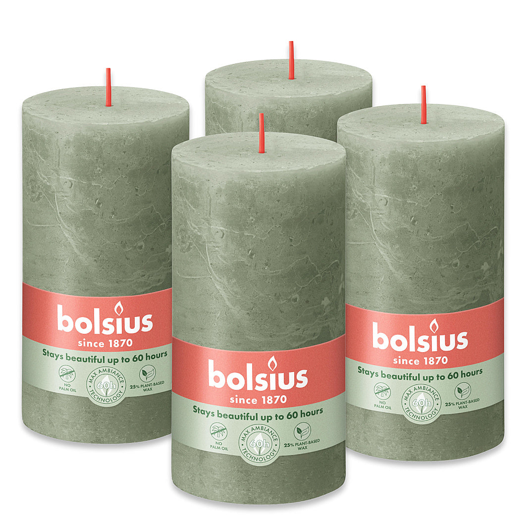 4er Set Bolsius Rustik Stumpenkerzen 130x68mm - Frische Olive